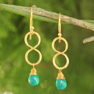 Gold plated earrings, 'Green Infinity' - 24k Gold Plated Green Onyx Dangle Earrings