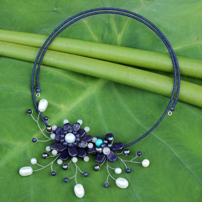 Lapis lazuli and cultured pearl flower necklace, 'Blue Sonata' - Lapis Lazuli and Pearl Flower Choker Necklace