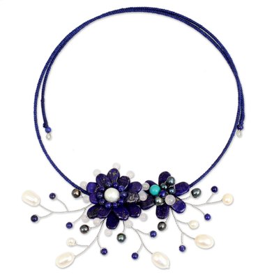 Lapis lazuli and cultured pearl flower necklace, 'Blue Sonata' - Lapis Lazuli and Pearl Flower Choker Necklace