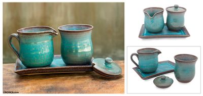 Set aus Sahne und Zucker aus Keramik - Türkisfarbenes Keramik-Serviergeschirr-Set in Creme und Zucker