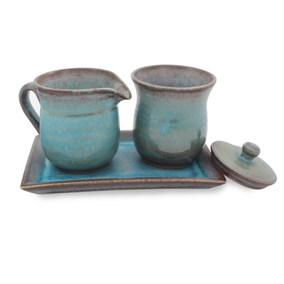 Ceramic cream and sugar set, 'Nostalgic Siam' - Turquoise Cream and Sugar Ceramic Serveware Set