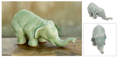 Celadon ceramic statuette, 'Green Elephant Sawasdee' - Collectible Thai Celadon Ceramic Sculpture