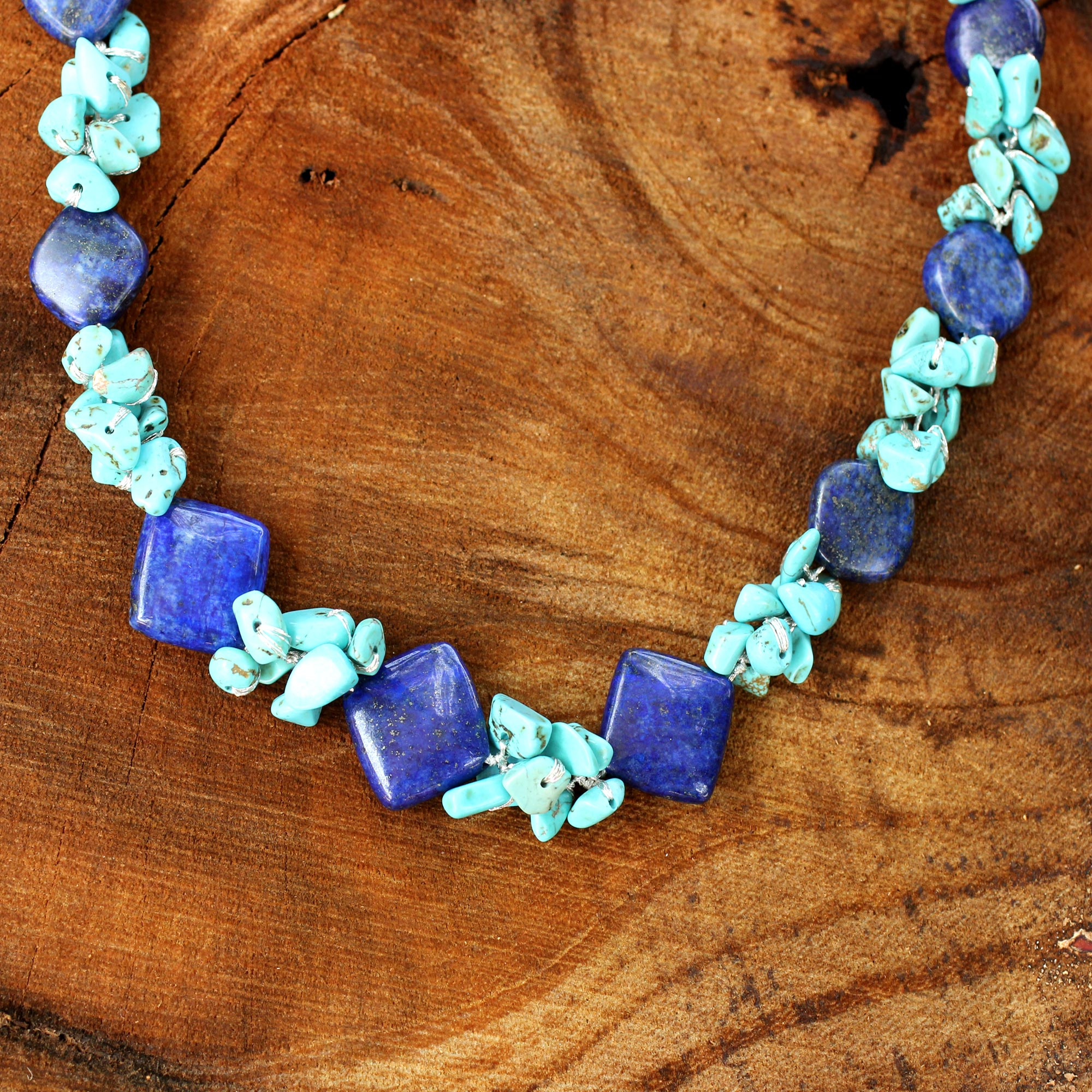 Knotted Lapis & Amazonite Stamped Leaf Necklace