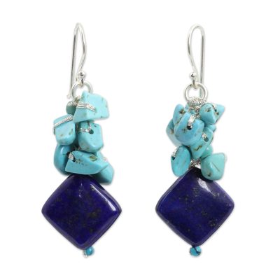 Lapis lazuli beaded earrings, 'Blue Muse' - Handcrafted Lapis and Turquoise Colored Earrings