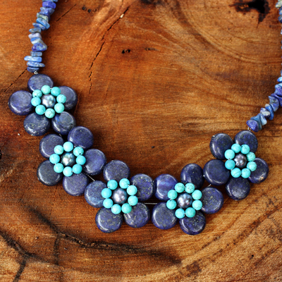 Lapis lazuli and cultured pearl flower necklace, 'Daisy Ocean' - Lapis Lazuli Grey Pearls and Turquoise coloured Necklace