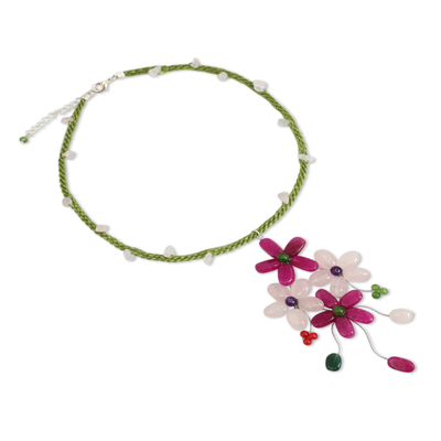 Rose quartz flower necklace, 'Pink Bouquet' - Fair Trade Jewelry Artisan Crafted Beaded Necklace