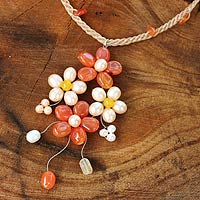 Cultured pearl and carnelian flower necklace, 'Sunny Bouquet' - Pearl and Carnelian Handcrafted Flower Necklace