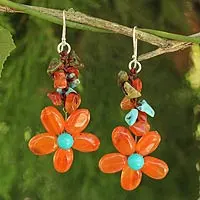 Carnelian and unakite flower earrings, 'Sunny Blooms' - Sterling Silver Chip Cut Carnelian Earrings