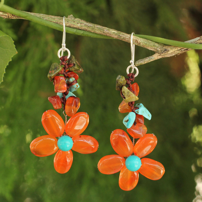 Carnelian and unakite flower earrings, 'Sunny Blooms' - Carnelian Handcrafted Earrings