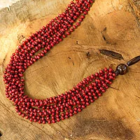 Wood beaded necklace, 'Red Muse'