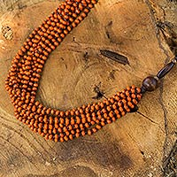 Wood beaded necklace, 'Orange Muse'