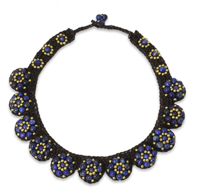 Lapis lazuli beaded necklace, 'Daisy Melody' - Lapis Lazuli Necklace and Brass Hand Crocheted Necklace