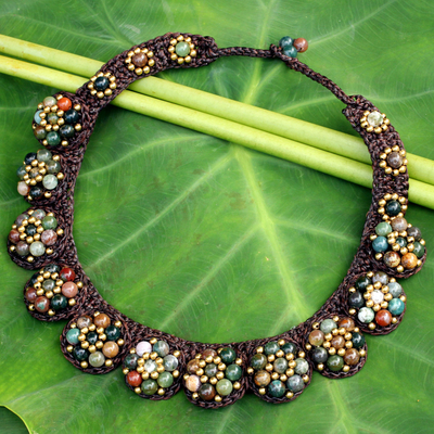 Agate beaded necklace, 'Daisy Melody' - Agate and Brass Hand Crocheted Necklace