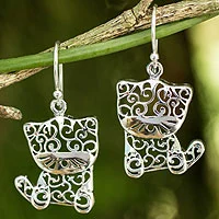 Sterling silver dangle earrings, 'Filigree Kitten' - Sterling Silver Cat Earrings