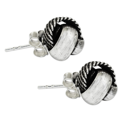 Sterling silver button earrings, 'Textures' - Artisan Crafted Textured Silver Knot Button Earrings