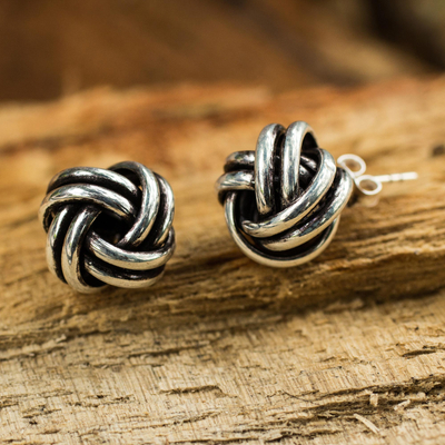 Sterling silver button earrings, 'Double Love Knot' - Artisan Crafted Silver Stud Earrings