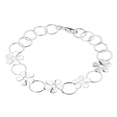 Sterling silver link bracelet, 'Flower Garland' - Hand Made Thai Silver Flower Bracelet