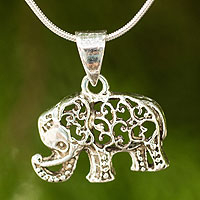 Sterling silver pendant necklace, 'Filigree Elephant' - Thai Elephant Necklace