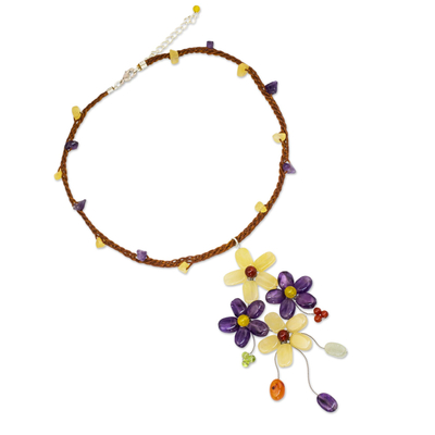 Amethyst-Blumen-Halskette - Kunsthandwerklich gefertigte Blumenhalskette mit mehreren Edelsteinen