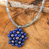 Cultured pearl and lapis lazuli pendant necklace, 'Blue Garden' - Handmade Thai Pearl and Lapis Beaded Pendant Necklace