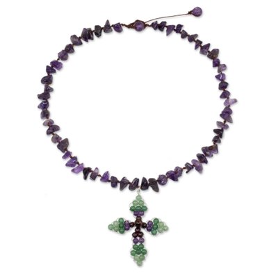 Thai Amethyst and Garnet Beaded Cross Necklace