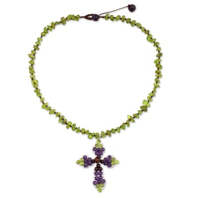 Thai Peridot and Amethyst Beaded Cross Necklace
