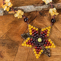 Garnet and carnelian pendant necklace, 'Seasonal Bloom' - Thai Garnet and Carnelian Beaded Gemstone Necklace