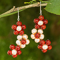 Cultured pearl and carnelian flower earrings, 'Bright Bouquet' - Handmade Pearl and Carnelian Flower Earrings