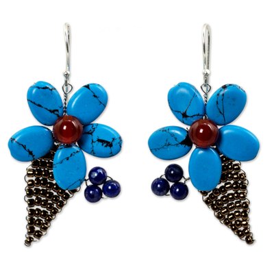 Thai Carnelian and Lapis Lazuli Beaded Flower Earrings