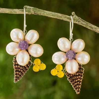 Cultured pearl and amethyst flower earrings, 'Thai Petals' - Thai Cultured Pearl and Amethyst Beaded Flower Earrings