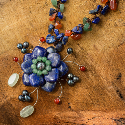 Lapis lazuli and carnelian choker, 'Ocean Bloom' - Thai Handmade Gemstone Choker