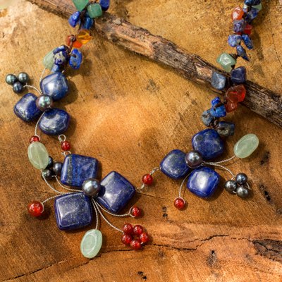 Lapis lazuli and aventurine choker, 'Blue Clover' - Handmade Lapis Lazuli and Aventurine Floral Necklace