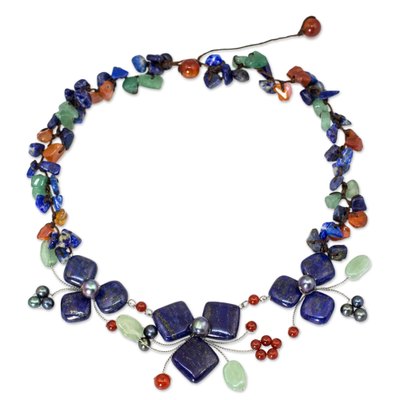 Lapis lazuli and aventurine choker, 'Blue Clover' - Handmade Lapis Lazuli and Aventurine Floral Necklace
