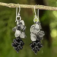 Tourmalinated quartz and onyx cluster earrings, 'Heavenly Gift' - Handmade Womens Gemstone Earrings