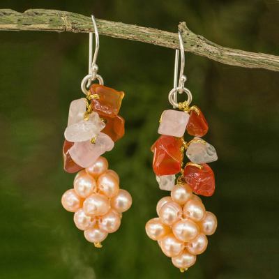 Cultured pearl and rose quartz cluster earrings, 'Heavenly Gift' - Handmade Pearl and Gemstone Cluster Earrings