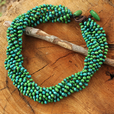 Wood torsade necklace, 'Chao Phraya Belle' - Blue Green Torsade Necklace Wood Beaded Jewelry