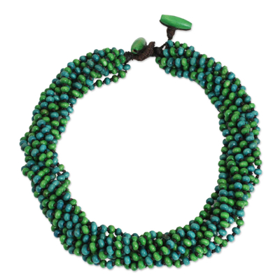 Blue Green Torsade Necklace Wood Beaded Jewelry