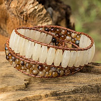 Quartz and agate wrap bracelet, 'Ice Earth' - Handcrafted Quartz and Agate Beaded Wrap Bracelet