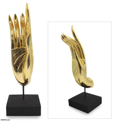 Gold leaf sculpture, 'Buddha's Right Hand' - Gold Leaf Wood Sculpture with Stand