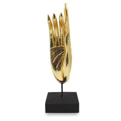 Gold leaf sculpture, 'Buddha's Right Hand' - Gold Leaf Wood Sculpture with Stand