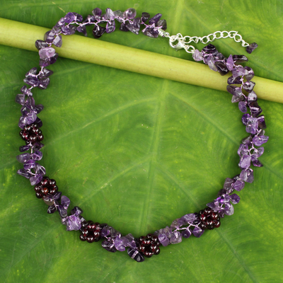 Amethyst and garnet beaded necklace, 'Heaven's Gift' - Thai Handmade Amethyst Necklace with Garnet Clusters