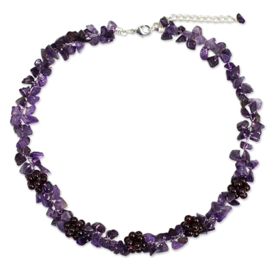 Amethyst and garnet beaded necklace, 'Heaven's Gift' - Thai Handmade Amethyst Necklace with Garnet Clusters