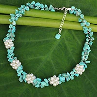 Cultured pearl beaded necklace, 'Heaven's Gift' - Handcrafted Pearl and Turquoise Colored Beaded Necklace