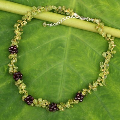 Peridot and garnet beaded necklace, 'Heaven's Gift' - Thai Handmade Peridot Necklace with Garnet Clusters
