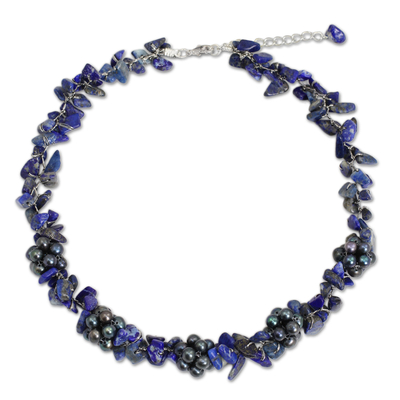 Lapis lazuli and cultured pearl beaded necklace, 'Heaven's Gift' - Thai Handmade Lapis Lazuli Necklace with Pearl Clusters