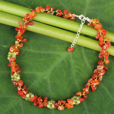 Carnelian and peridot beaded necklace, 'Heaven's Gift' - Thai Handmade Carnelian Necklace with Peridot Clusters