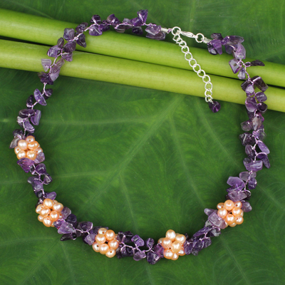 Amethyst and freshwater pearl beaded necklace, 'Heaven's Gift' - Thai Handmade Amethyst Necklace with Pearl Clusters