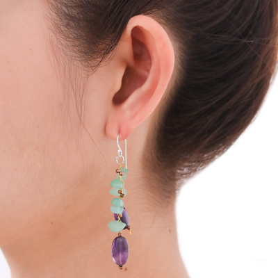 Aventurine and amethyst beaded earrings, 'Mystic Jungle' - Handcrafted Aventurine and Amethyst Beaded Earrings