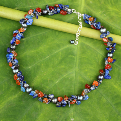 Cultured pearl and lapis lazuli beaded choker, 'Luscious Chic' - Hand Knotted Pearl Lapis Lazuli Carnelian Choker Necklace