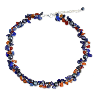 Cultured pearl and lapis lazuli beaded choker, 'Luscious Chic' - Hand Knotted Pearl Lapis Lazuli Carnelian Choker Necklace